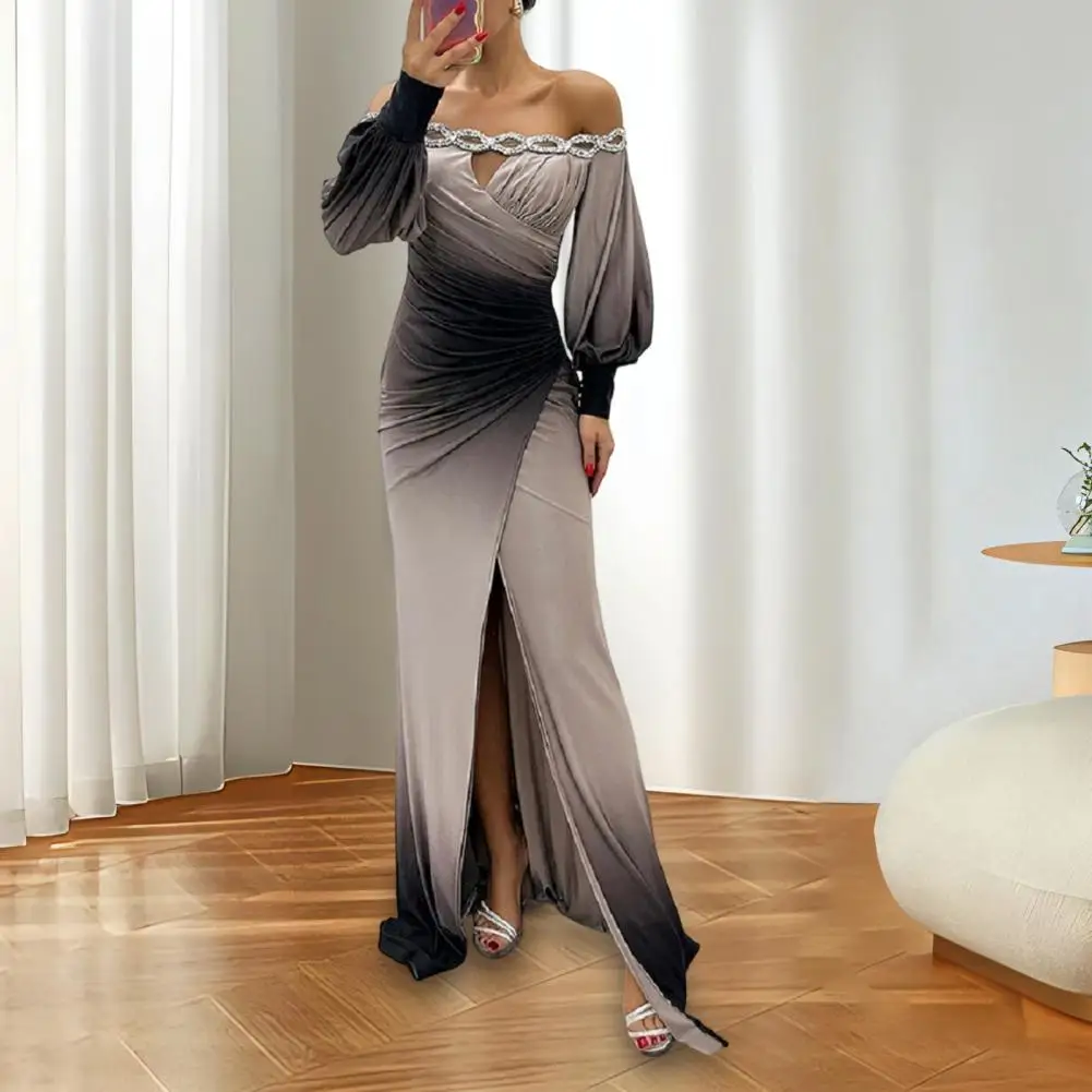 Vestido de noche con hombros descubiertos para mujer, vestido de novia con diamantes de imitación ahuecado, mangas largas de linterna delgadas, vestido de graduación plisado, Otoño e Invierno