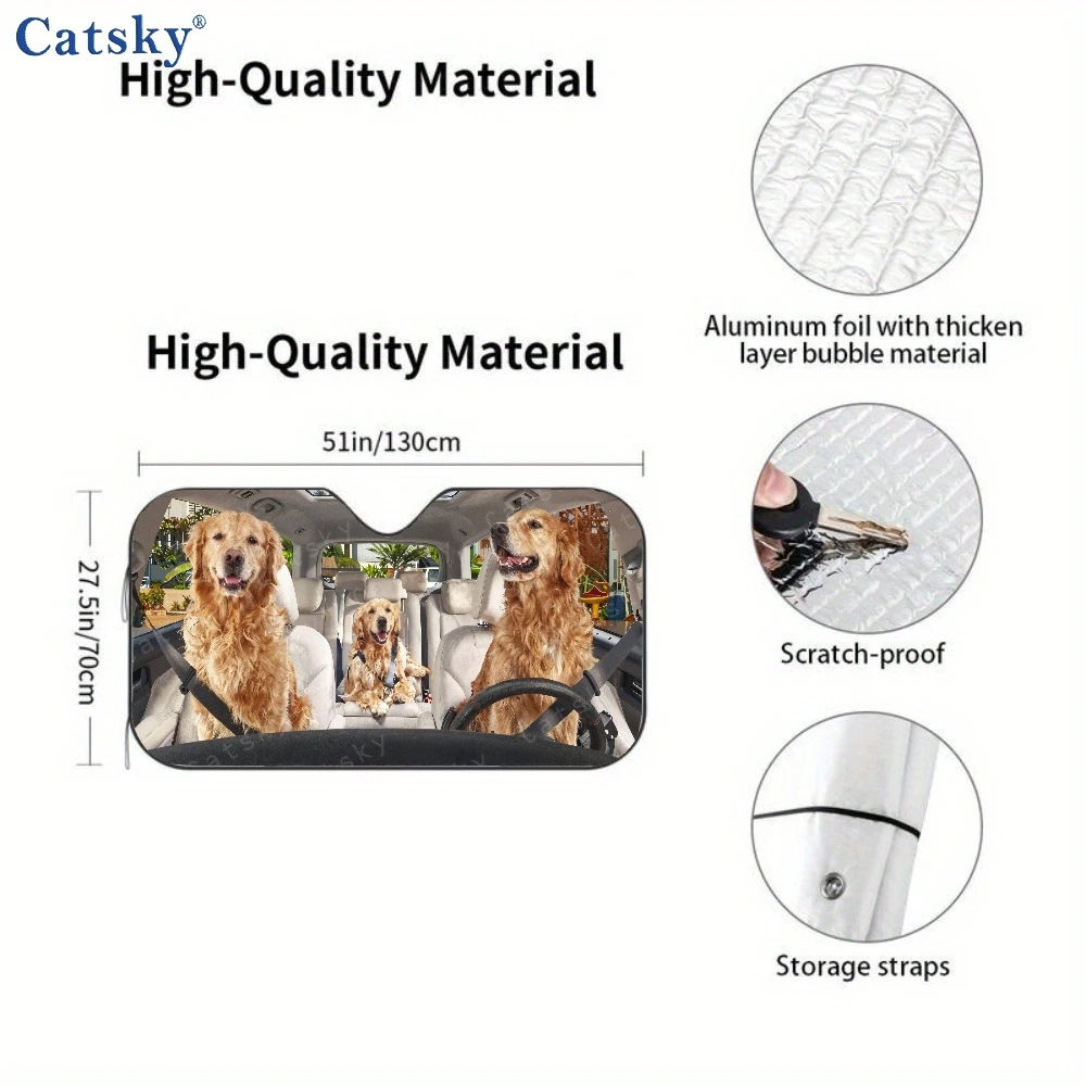 Three Golden Retrievers Are Lounging In The Rear Seat Of A Vehicle, Surrounded By Sunshades Designed For Cars, Including A Front