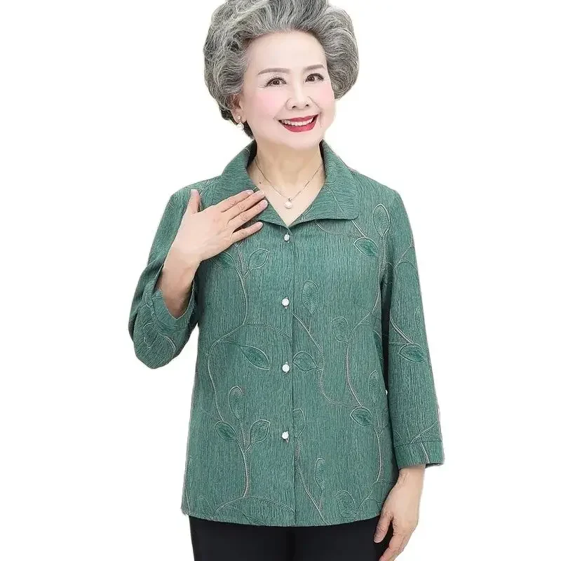 5XL Elderly People Cardigan Blouse Coat 2024 New Spring Summer 3/4 Sleeve Grandmother Shirt Middle Age Women Top And Pant Sets