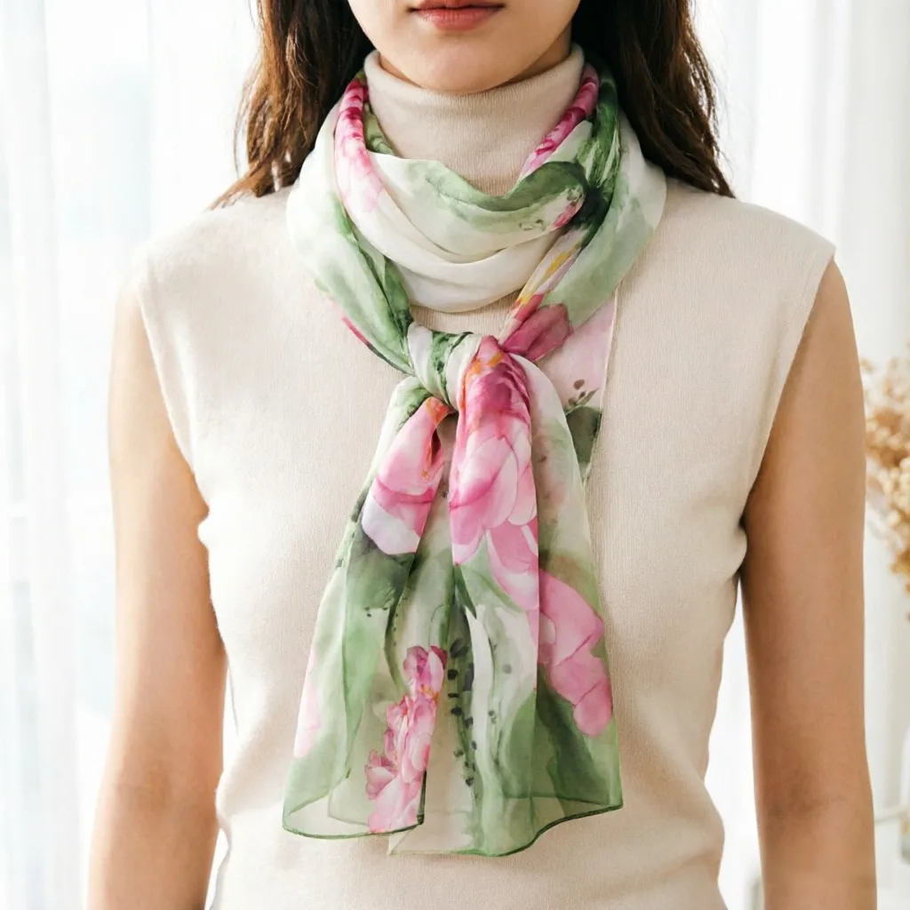 

Watercolor Lotus Chiffon Scarf for Women Elegant Floral Print Long Shawl & Wrap, Lightweight Georgette Silk Feel Scarves 160cm