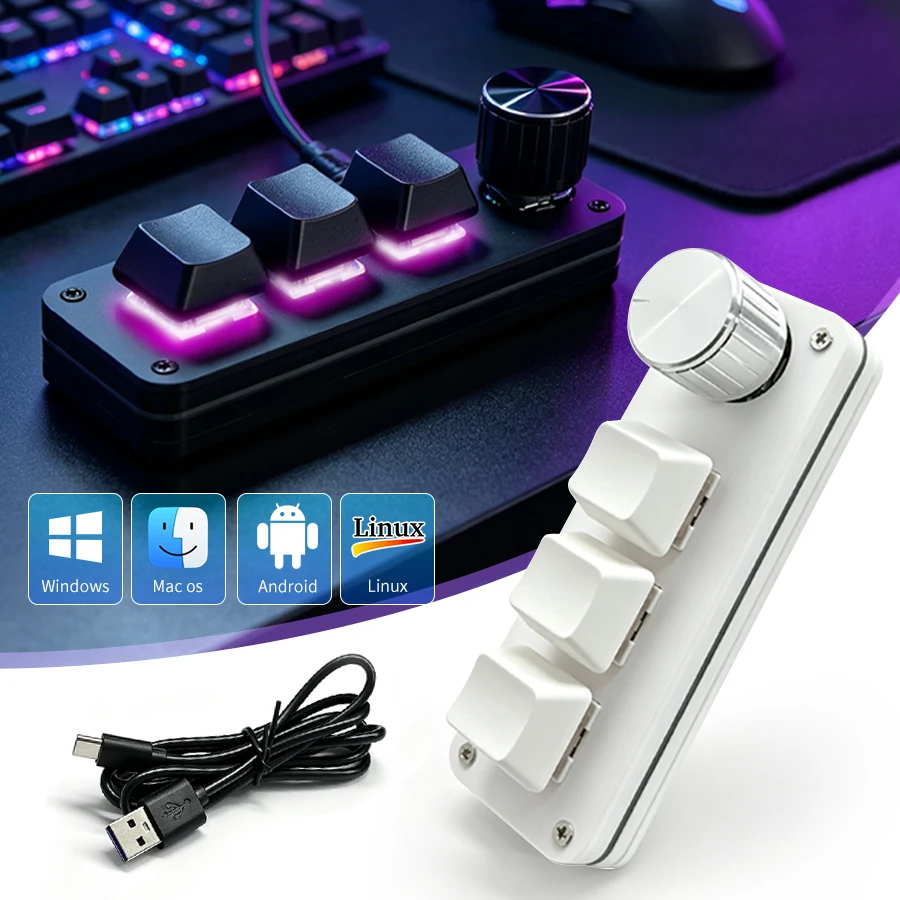 3 Key Programmable Macro Keypad Mini Mechanical Keyboard with Knob RGB Play USB-C for Gaming Office Windows Mac Linux Android