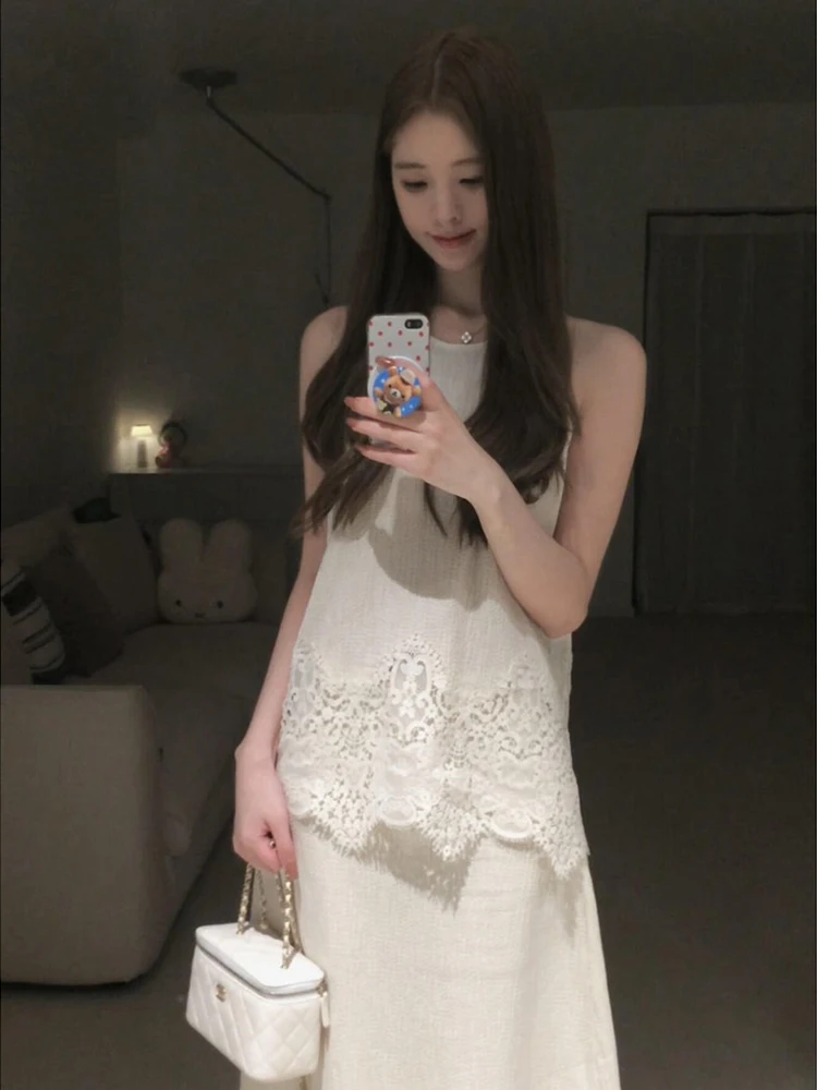 

White Lace Crop Top And High Waist Skirt Set Women's Fashion Summer Outfit Korean Style Straight Cut round Neckline No Sleeve