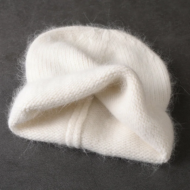 Fashion Angora Rabbit Fur  Winter Hat for Women Knit Beanies Warm Outdoor Ski Cold Knitted Beanie Hat  Wholesale