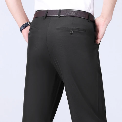 Imagen 2 del producto Pantalones masculinos elásticos de color negro liso, pantalones informales inteligentes para hombre, pantalones de traje de secado rápido para oficina, nuevos Pantalones rectos coreanos para primavera y otoño