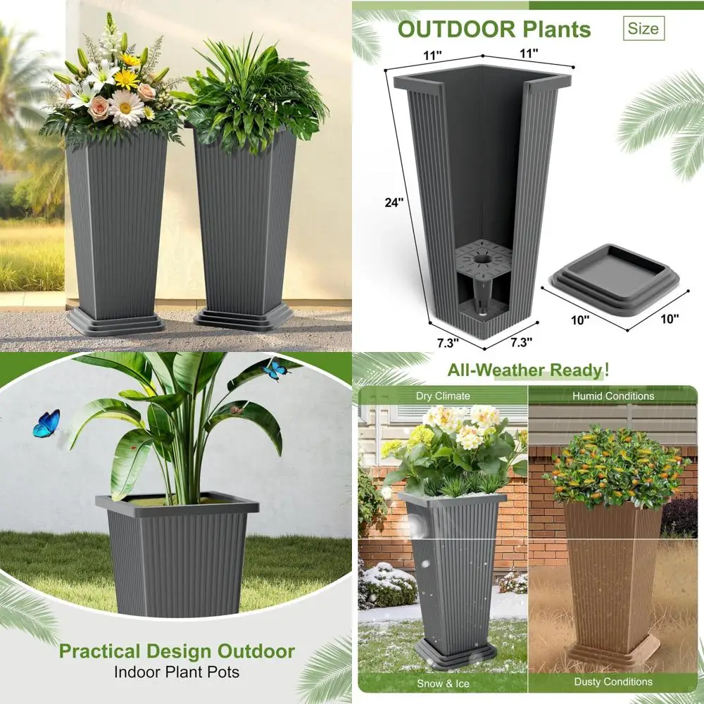 

Set of 2 Outdoor Indoor 24-Inch Tall Planters, Tapered Flower Pots with Drainage Trays, Ideal for Front Porch and Patio Decorati