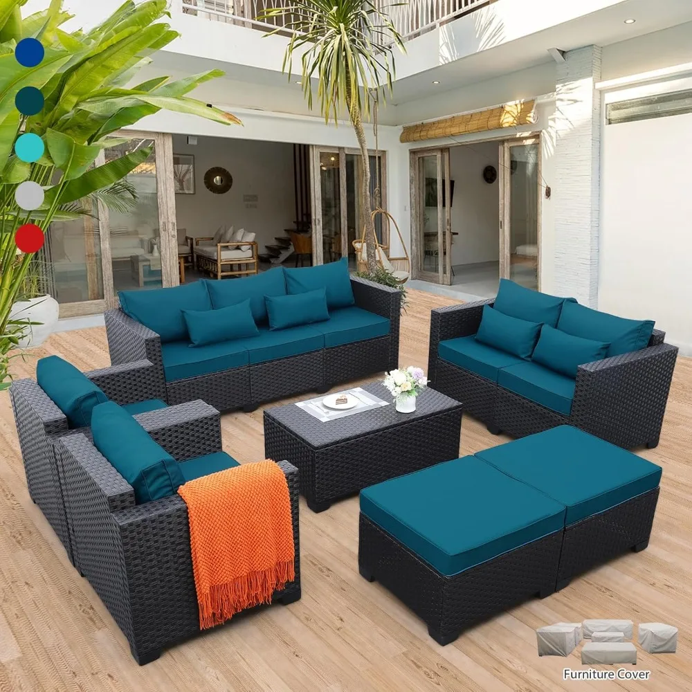 

Patio Furniture Set 7 Pieces Couch Outdoor Chairs Coffee Table Peacock Blue Anti-Slip Cushions and Waterproof Covers