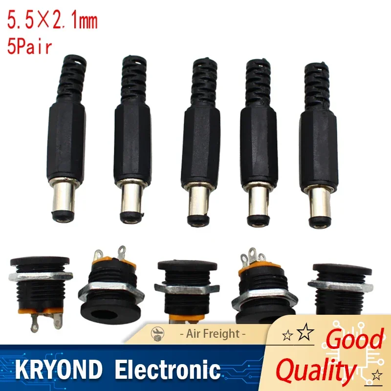 10PCS (5Pairs) DC12V 5.5 x 2.1mm Plastic Male Plugs DC022 Female Jack Screw Nut Panel Mount Connector
