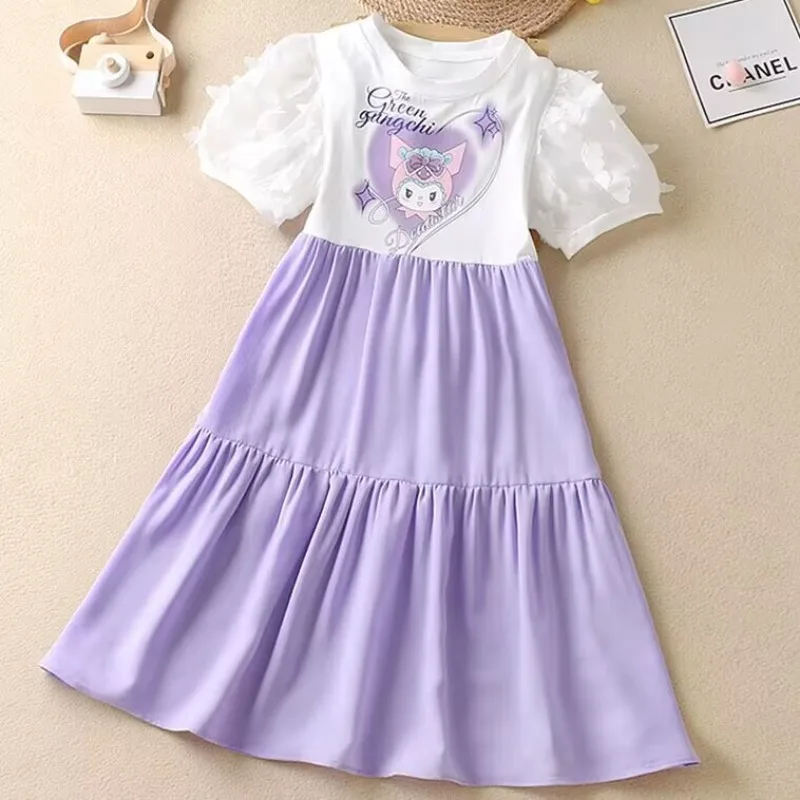 Sanrio Kuromi gaun anak perempuan lengan pendek musim panas gaun putri kartun pakaian pesta ulang tahun anak-anak kaus lucu kasual atasan