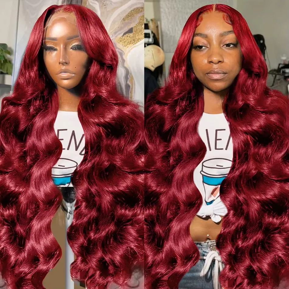 200 Density 99J Burgundy 13x4 13X6 HD Body Wave Lace Front Human Hair Wig 30 36 Inch Red Colored Frontal Wigs for Women