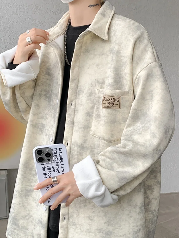 

Thiened Fce Lined Men's irt Spring Autumn Faionable Warmth Outerwear Large Size Casual irt American Teenage Sle