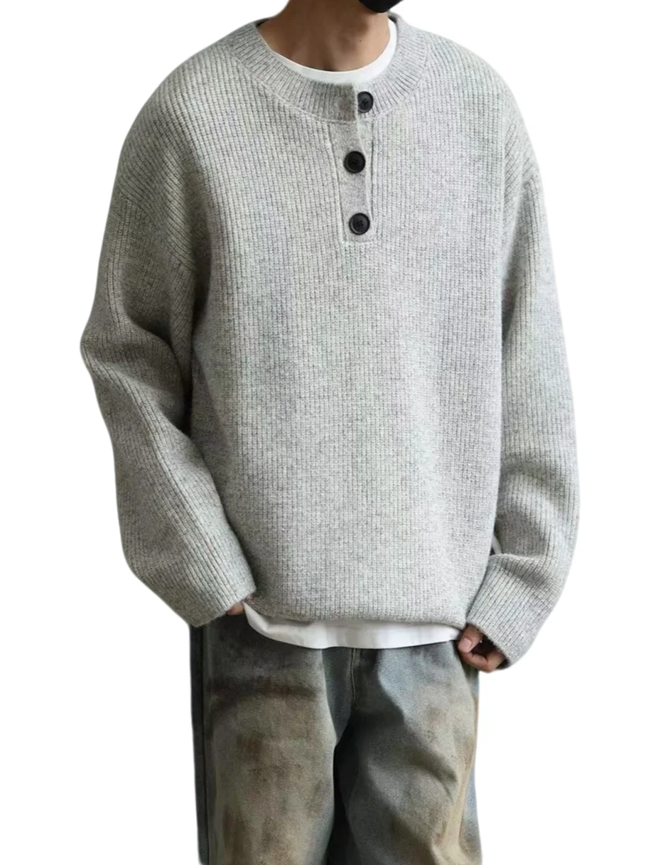 

ay Свитер с воротником Генри на пуговицах, мужской повседневный свободный крой из мягкой ткани, длинный свеч, теплый однотонный цвет, осенне-зимняя основа для отдыха...