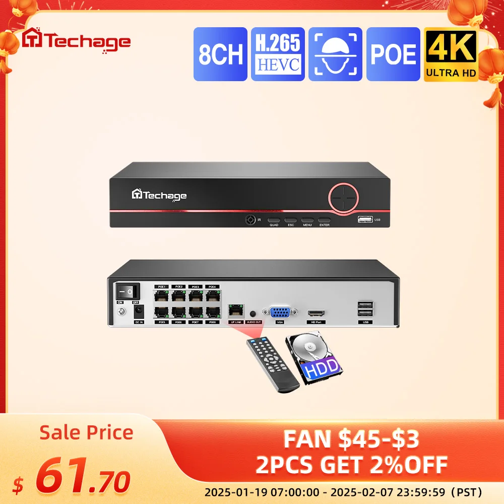 Techage H.265 8CH 4K 2K POE NVR Security Surveillance Network Video Recorder Up to 16CH For CCTV System POE IP Camera Recorder