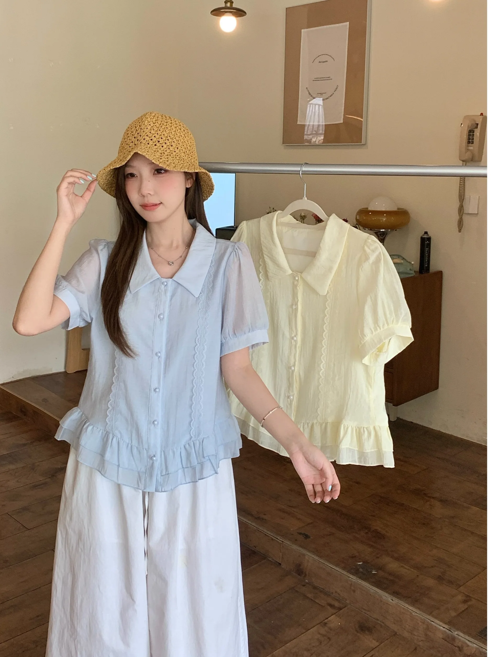 

plus Size Women's Sweet Ruffle Patchwork Doll Collar Short Sleeve Shirt Summer Slimming Anti-Aging Top Korean Style Commute