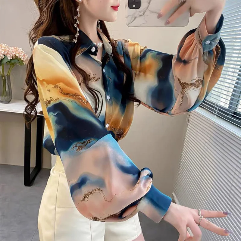 Fashion Lantern Sleeve Printed Lapel Button Casual Chiffon Shirt 2022 Spring New Oversized Loose Women Clothing Commute Blouse