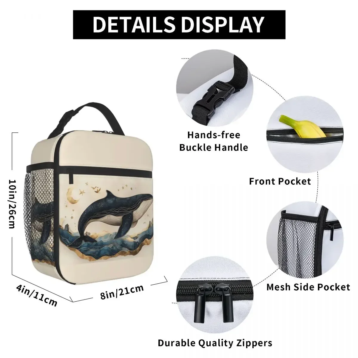Golden Blue Aesthetic Whale Insulated Lunch Bag for Women Kids Portable Food Boxes Thermal Lunch Box Tote