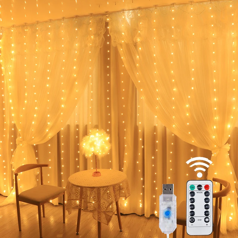 USB LED Curtain String Light Christmas Window Decor Wire Fairy Light 8 Modes Remote Control For Wedding Holiday Party Lighting