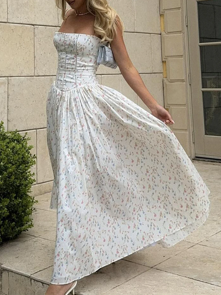 

Floral Print White Long Dresses Women Summer Sexy Low Chest Sleeveless Backless A-line Vestidos Simple Casual Fashion Maxi Dress