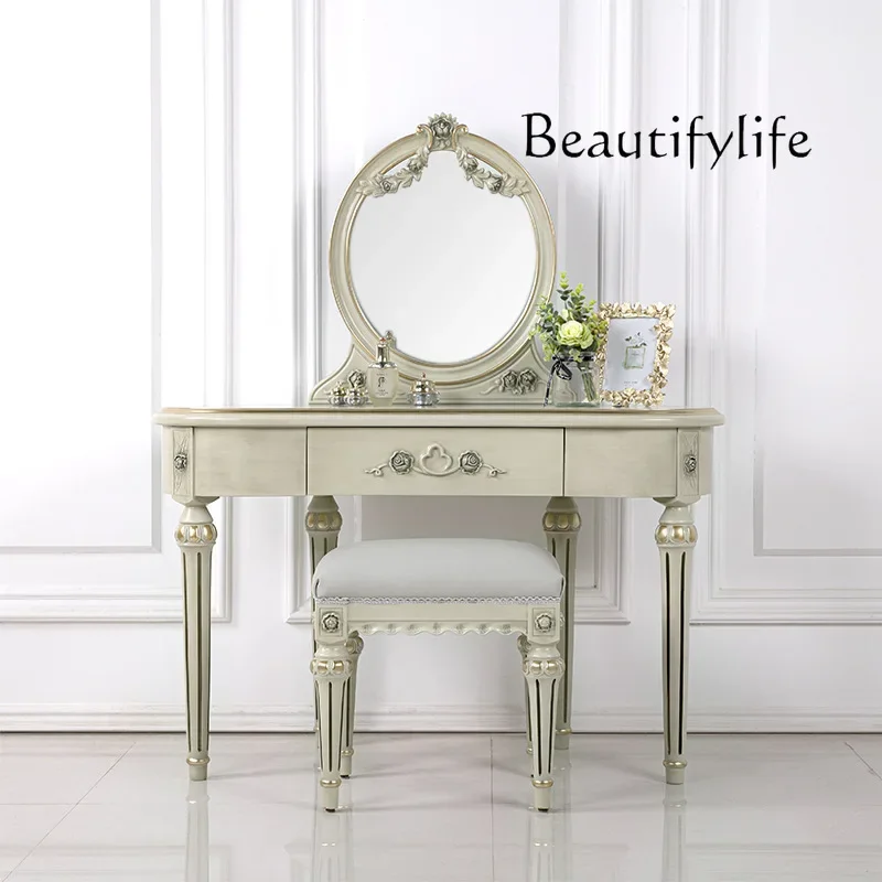 

Light luxury solid wood dresser American retro makeup table European style makeup table table stool combination