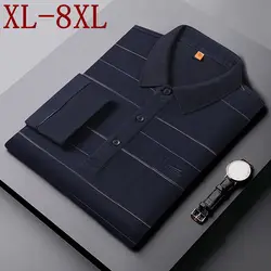 8XL 7XL 6XL New Autumn Casual Striped Polo Shirt Men Long Sleeve Lapel Mens Polos Shirts With Pocket High End Loose Polo Homme