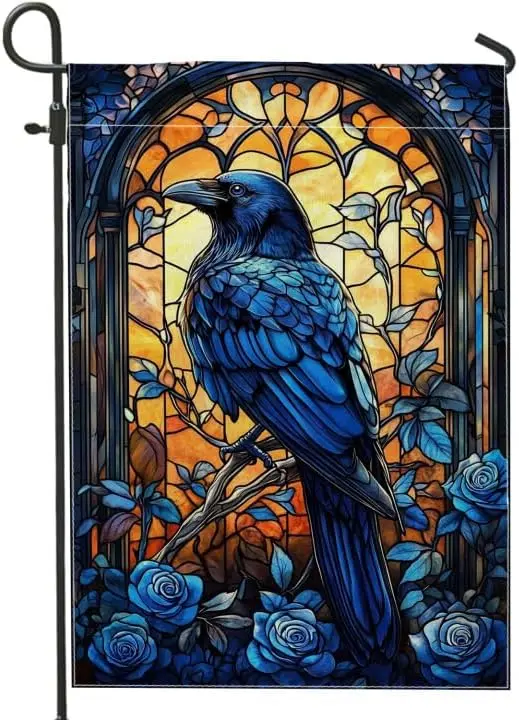 Stained Glass Raven Garden Flag, Blue Crow Floral Outdoor Decor, Double Sided Burlap Seasonal Home Decoration, Fall Winter y jjp