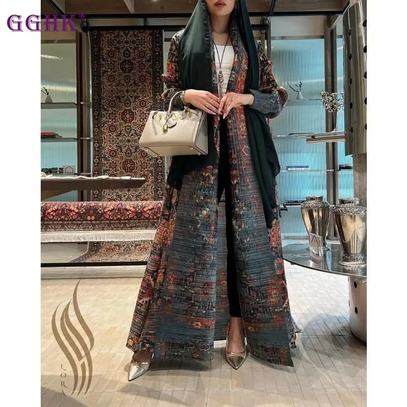 GGHK Pleated Women Robe Vintage Printed Cardigan Tie Design Loose Large Size Arabian Luxury Women's Robe 2025 Spring Autumn New