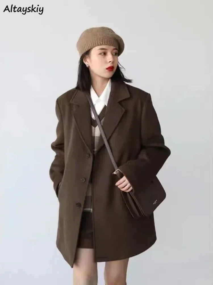 

Wool Women Vintage Fashion Thicker Warm Blends Leisure Outwear All-match Autumn Winter Button-up Temper Pockets Korean Style