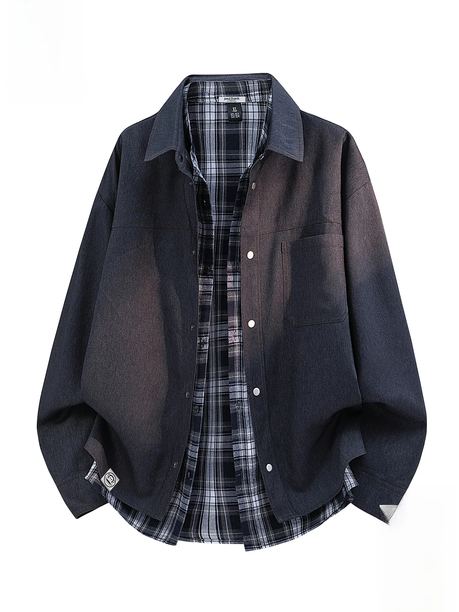 

PaulFrank Plaid Splicing Casual Loose Long Sve irt Men's Spring 2026 Fake Two-Piece Button-down Color Blo Polyester Co...