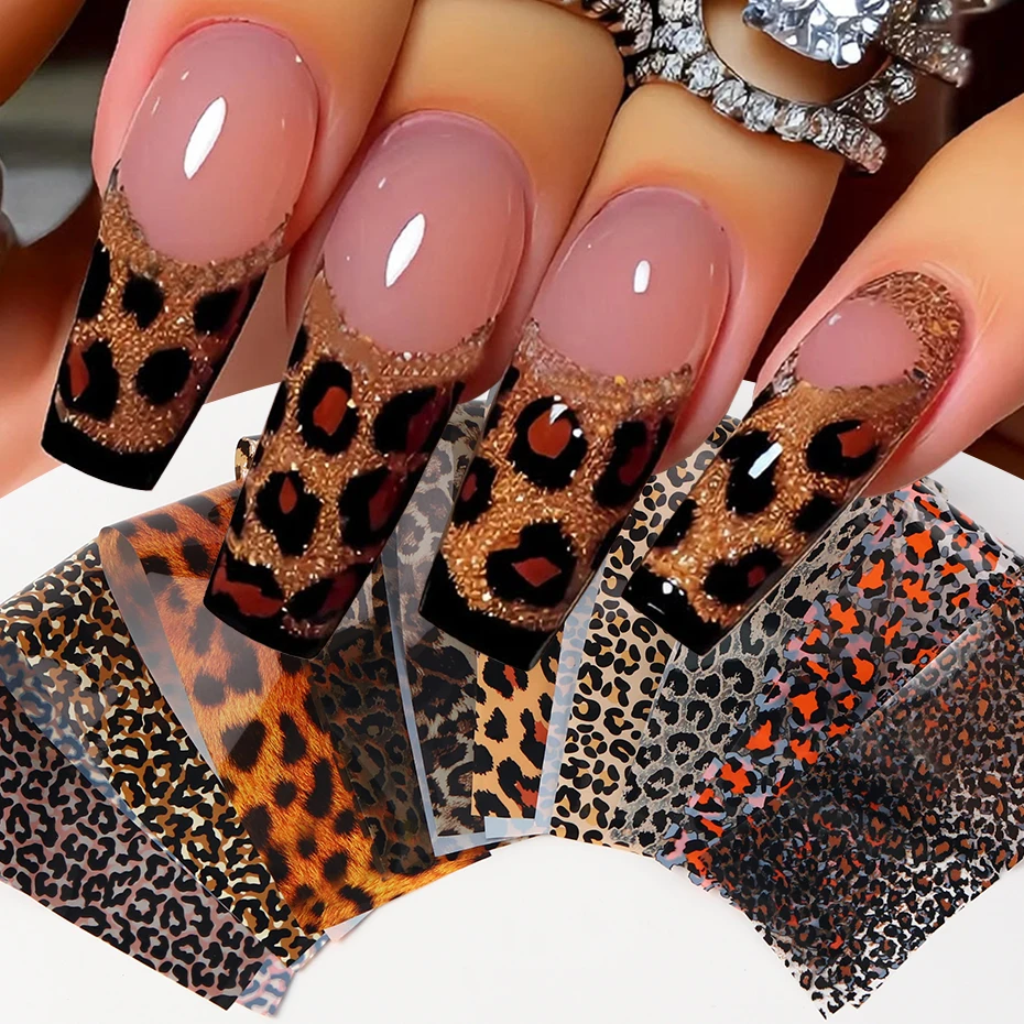10 Rolls Leopard Print Nail Transfer Foils Warm Color Series Animal Skin Totem Nail Starry Sky Paper DIY Leopard Manicure Wraps