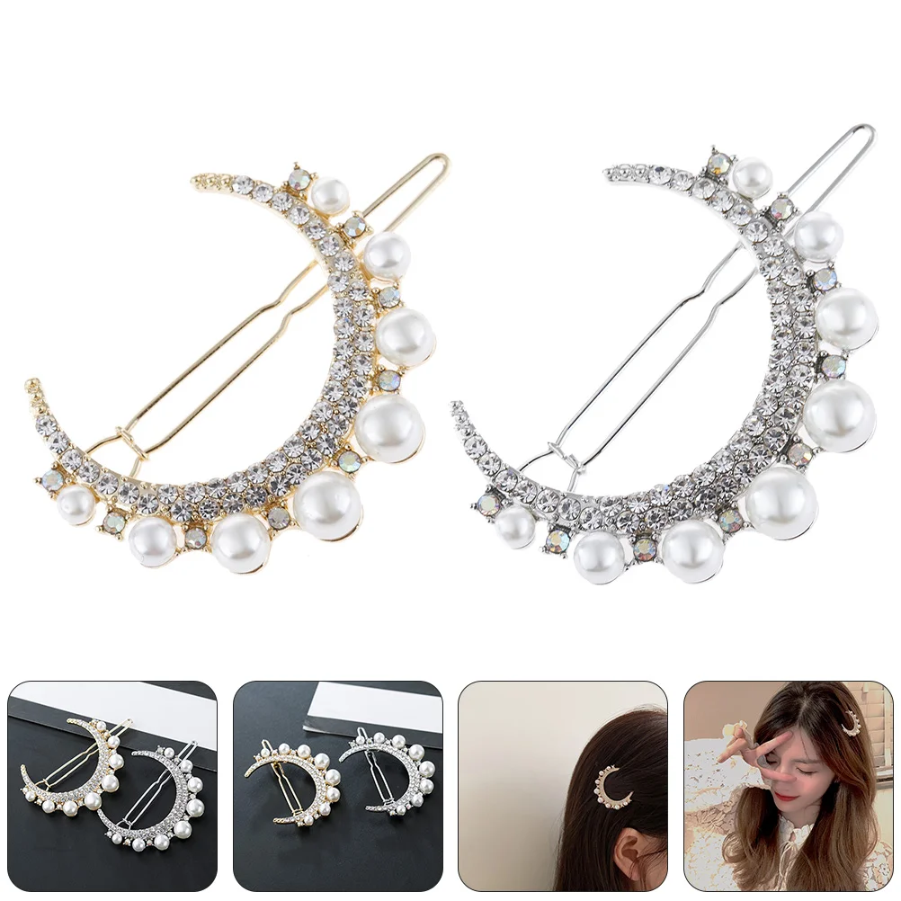 

2 Pcs Moon Barrettes Alloy Hair Pin Jewelry Rhinestone Pearl Hairpin Mosaic Clips Bobby Studded Clamps