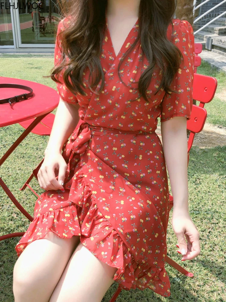 V Neck Dresses Women Japan Korean Design Short Sleeve Cute Sweet Girls Slim Waist Belt Bow Tie Floral Printed Chiffon Dress