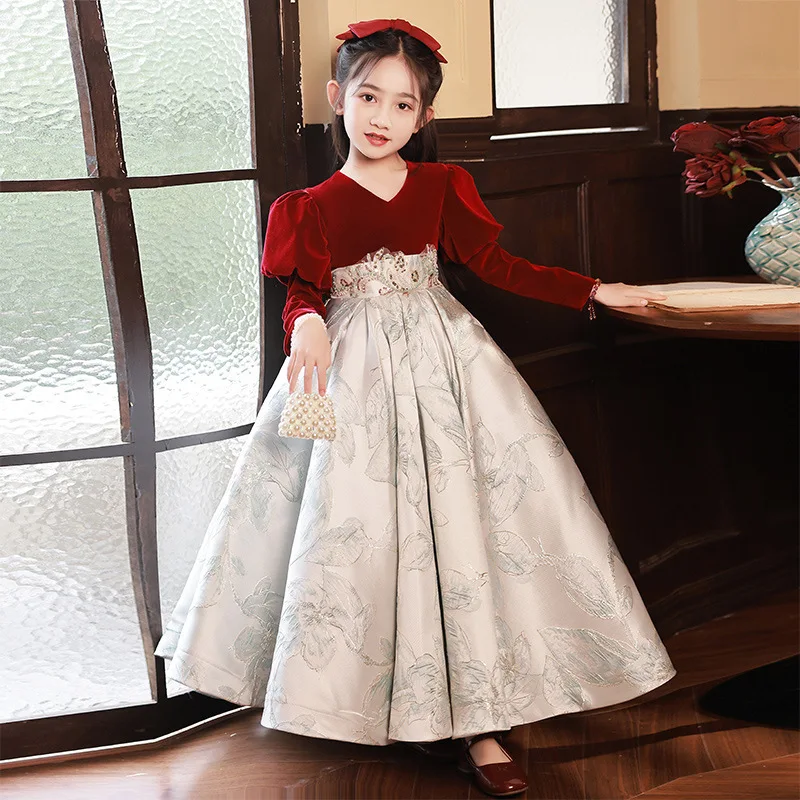 

Girls' Piano Performance Catwalk Host Children's Formal Long Sleeve Flower Girl Dress Red Runaway Princess