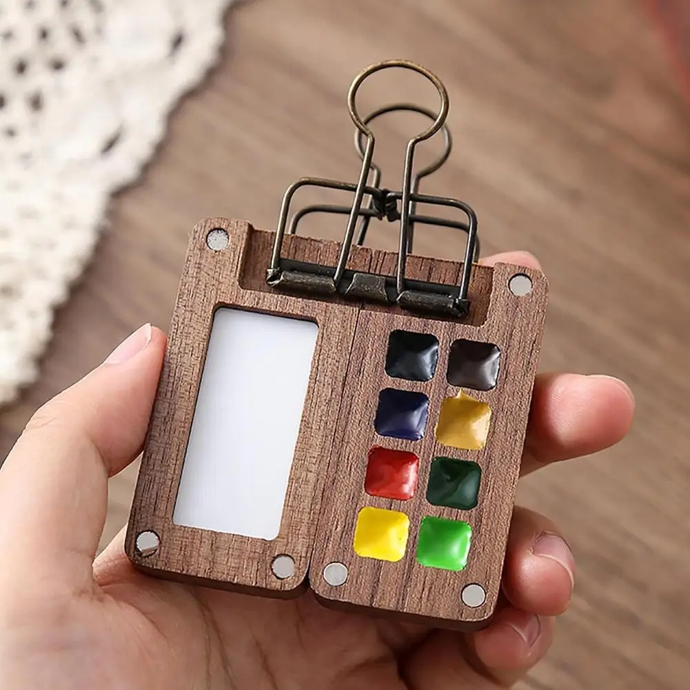 Mini Walnut Watercolor Paint Box Portable Mini Travel Watercolor Palette For Art Painting Square Tray Box For Acrylic Paint
