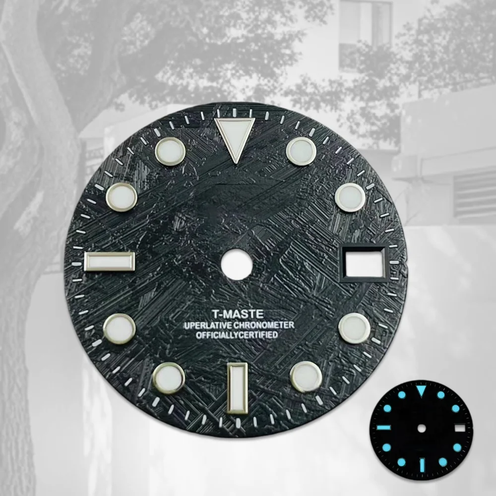 NH34 Dial 28.5mm S Dial Meteorite Pattern GMT Dial Blue-Green Lume Compatible with NH34/NH35 Movement Watch Modification Parts