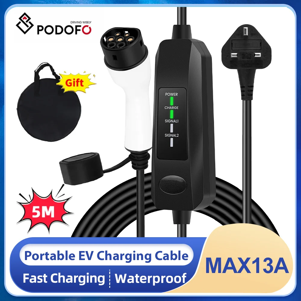 Podofo EV Charging Cable Type 2 UK Plug 3 Pin Electric Vehicle Portable Car Charger 13A Electric Charger