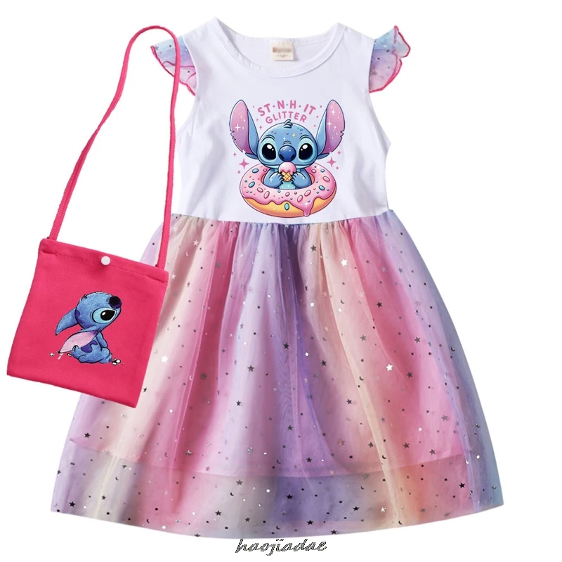 Cute Girl Dress Birthday Lilo And Stitch Girls Princess Print Cartoon Children Casual Clothes Gauze Dresses Kid Baby Gifts Sets