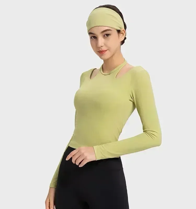 Lemon Women Halter Neck Long Sleeve Yoga Shirt Ribbed Fabric Stretch Halter Neck U-shaped Back Fitness Sport T-shirt Fitness Top