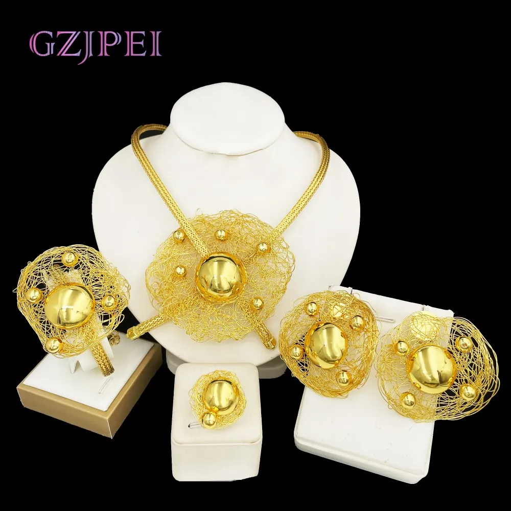 

GZJPEI 2025 New Handmade Women Jewelry Set Fashion Statement Big Necklace Bracelet Earring Ring 18K Gold Plated Party Gifts