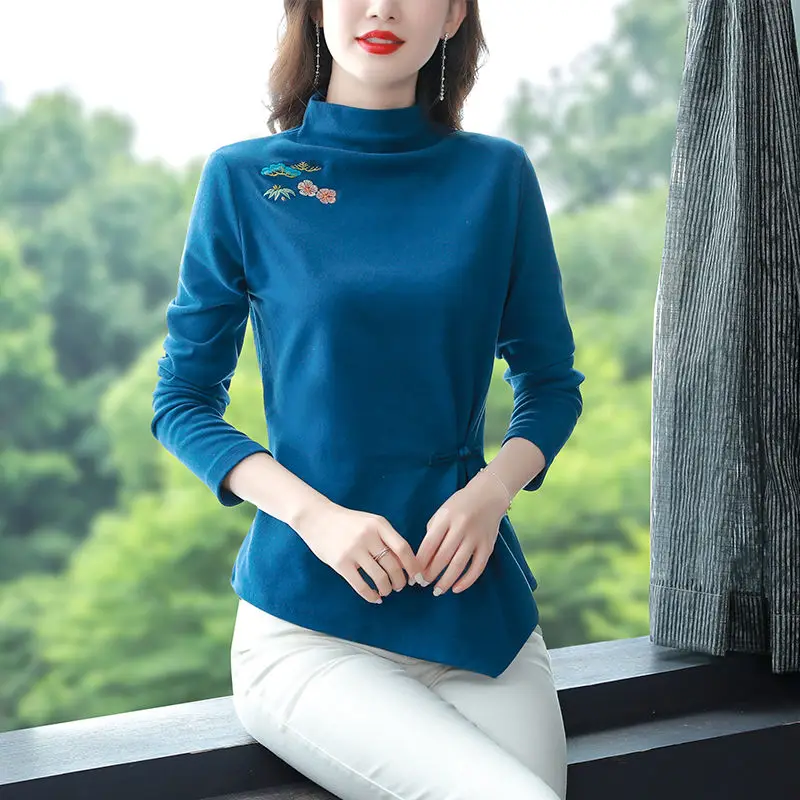 Fashion Vintage Embroidery Pullovers Asymmetrical Autumn Winter Casual Half High Collar Women's Folk Chinese Disc Buckle T-shirt