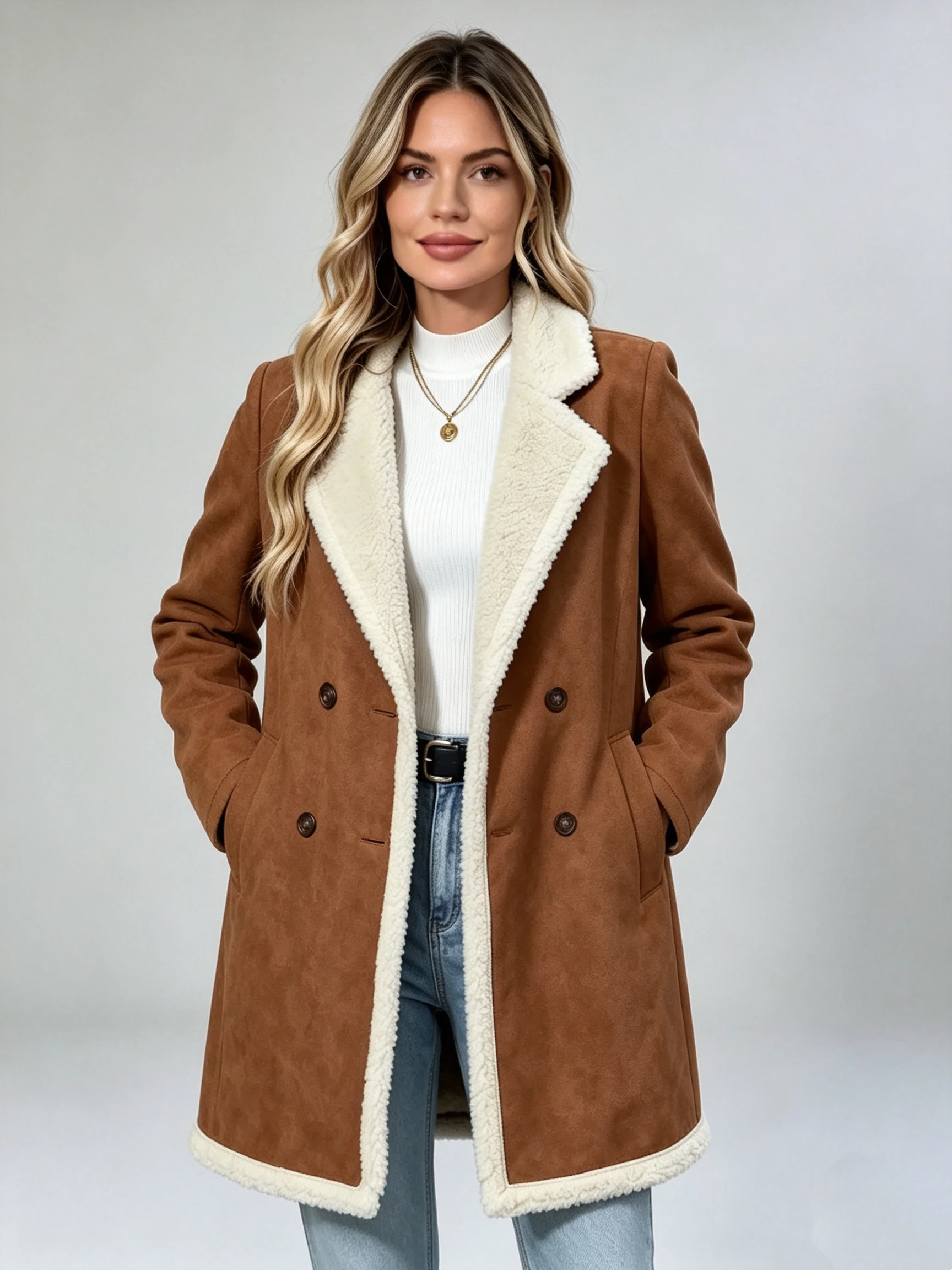 Autumn Winter New Style Women's Mid-Length Suede Lamb Fur Jacket Collar Warm Fashionable Casual Coat