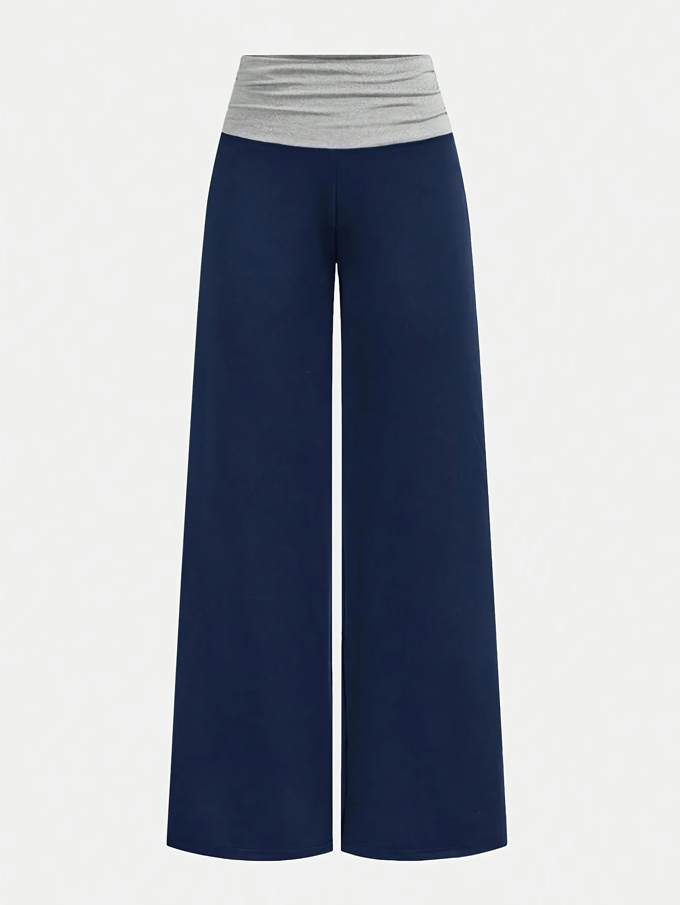 Girls  Fold Ruched Waist Colorblock Wide Leg Pants Elastic Soft Knit Flare Trousers For Office Loungewear Daily Outdoor Wear