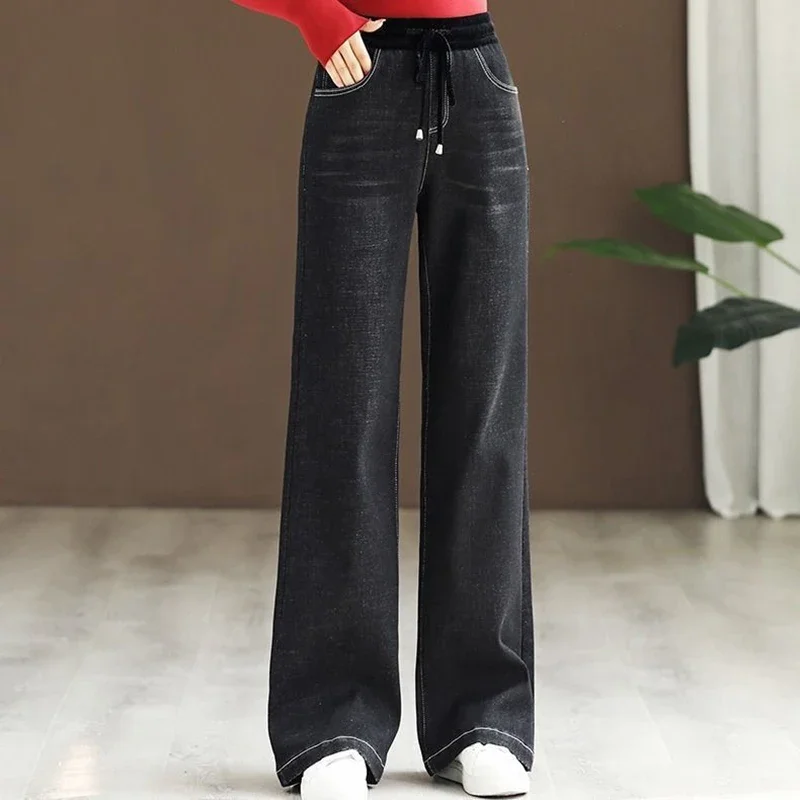 Oversize Elastic High Waist Wide Leg Jeans Vintage Lace Up Baggy Vaqueros Spring Casual Denim Pant Wash Straight Trousers Women