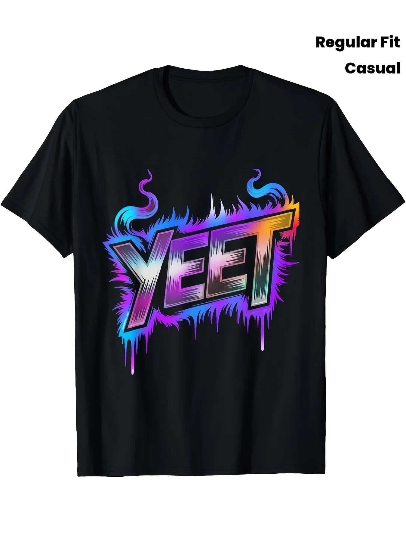 Yeet Fun Slang T-shirt, Men's Teen Style, Black with Neon Blue-purple Graffiti Print, Eye-catching YEET Letter Design, T-shirt, M, Suitable for Daily Commuting and Outdoor Activities, Machine Washable
