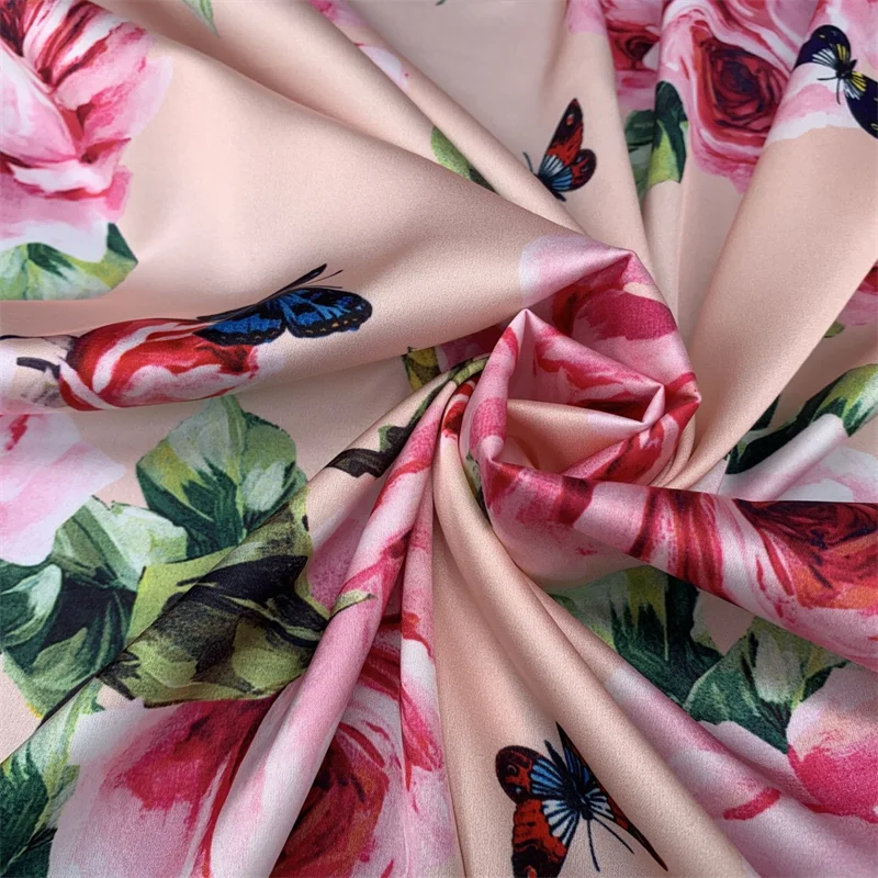 Spring Summer Luxury Brand Rose Butterfly Pattern Digital Printing Stretch Satin Fabric Hand DIY Sewing Dress Material