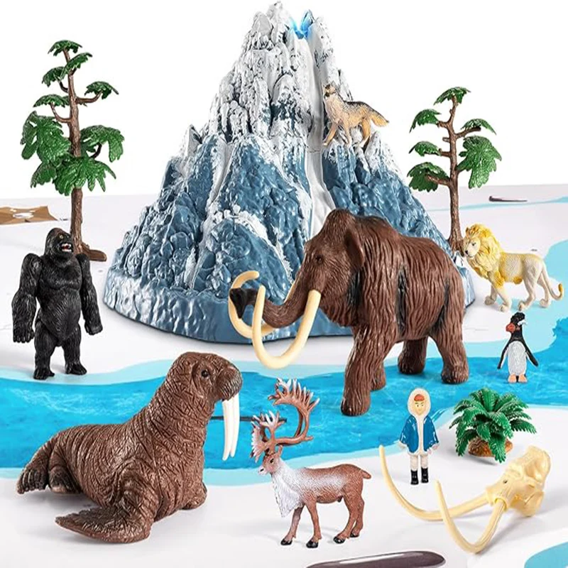 TEMI Prehistoric Animal Toys. Safari Figurines, Snowy Volcano Set. Large Mat. Mammoth lion, gorilla For 3-8 yrs Educational Gift