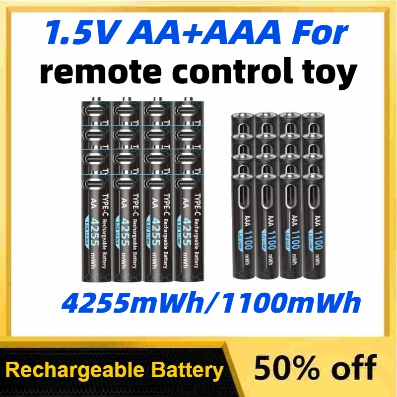

4255mWh/1100mWh 1.5V AA+AAA Rechargeable Battery Type-C USB Lithium Battery for Remote Control Toy Replacement Battery