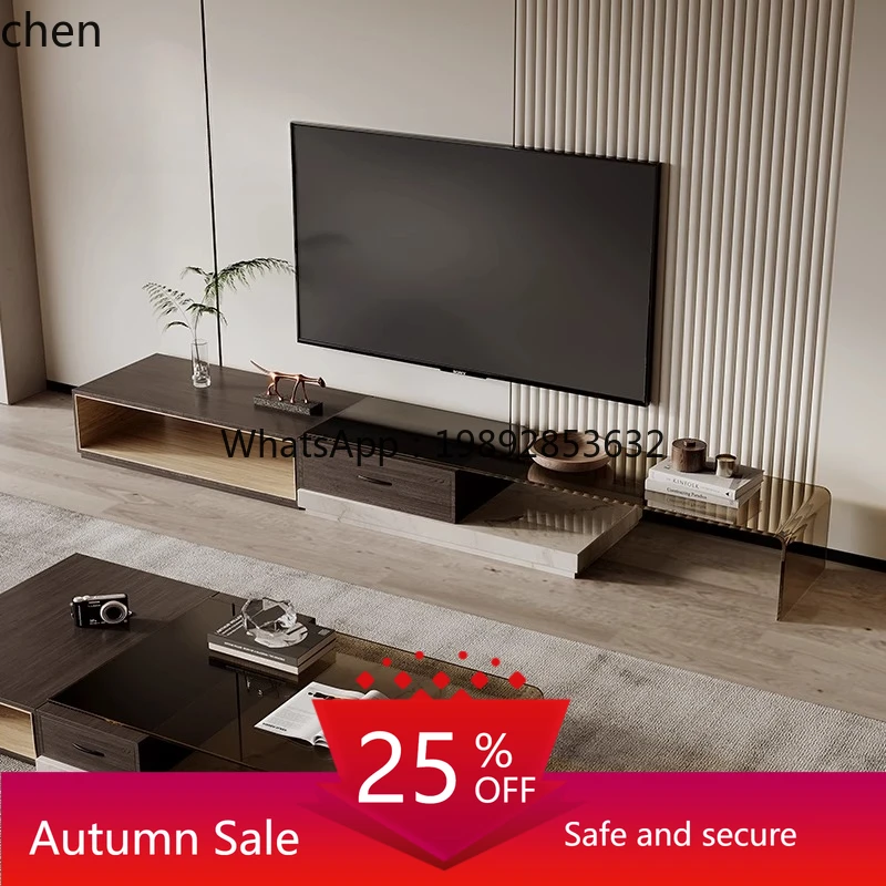 

glass TV cabinet coffee table marble solid wood combination personalized retractable low cabinet