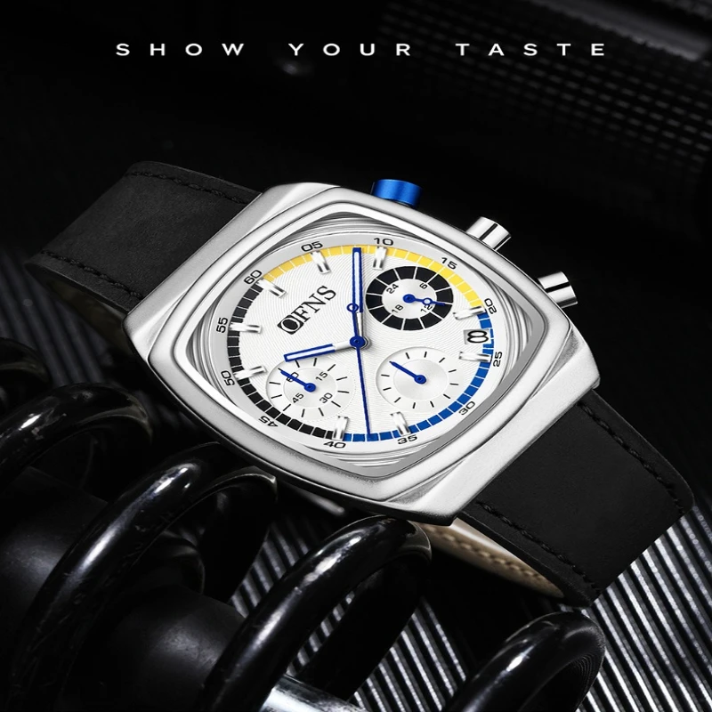 OFNS 1635 موضة وترفيه ساعة كوارتز حزام من الجلد كرونوغراف التقويم مضيئة مقاوم للماء ساعات مربعة للرجال Часы #6