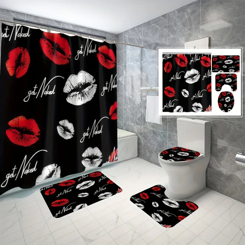 4pcs black and red lip print bathroom curtains, digital 3D printing, waterproof and mildew proof shower curtain set, bathroom cu