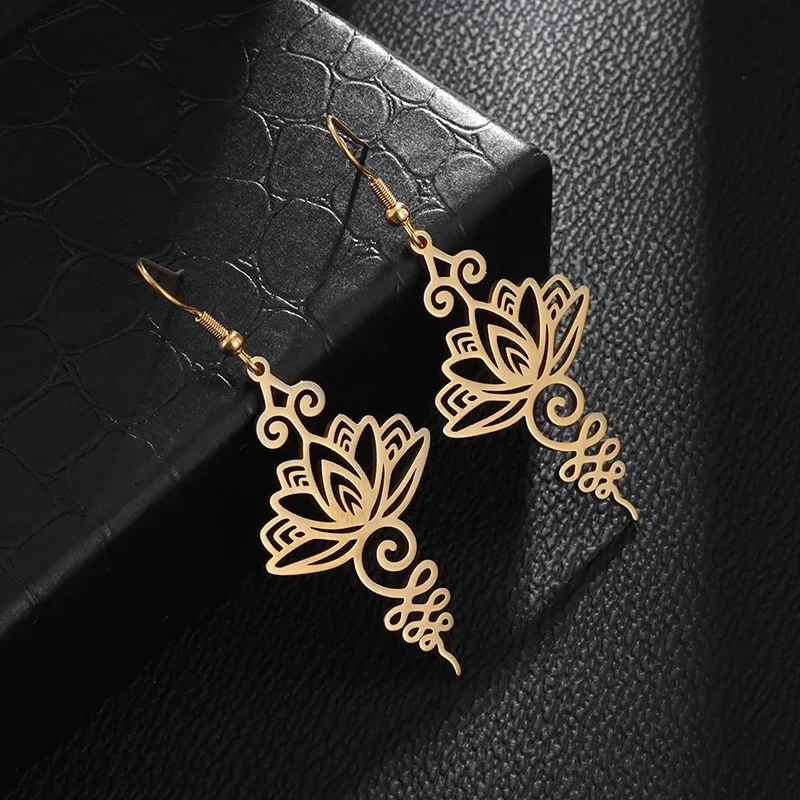 Three Color Stainless Steel Flower Lotus Pendant Earrings Women's Fashion Sports Yoga Leisure Accessories Jewelry Gifts