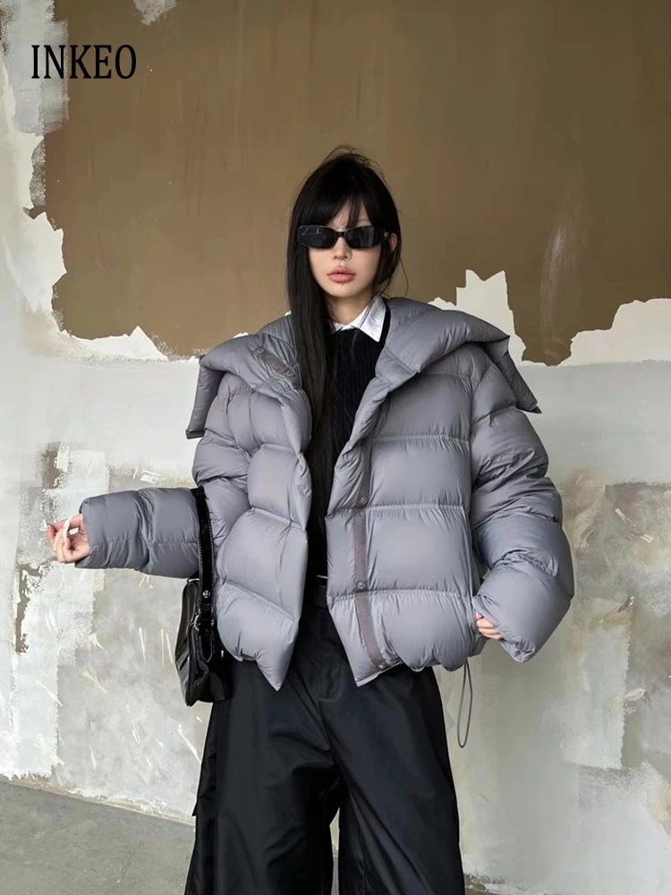 

2025 Winter Design Zip hooded down jacket Women's High quality Oversize puffer coat Grey Ladies Outerwear Warm Thick INKEO DJ516